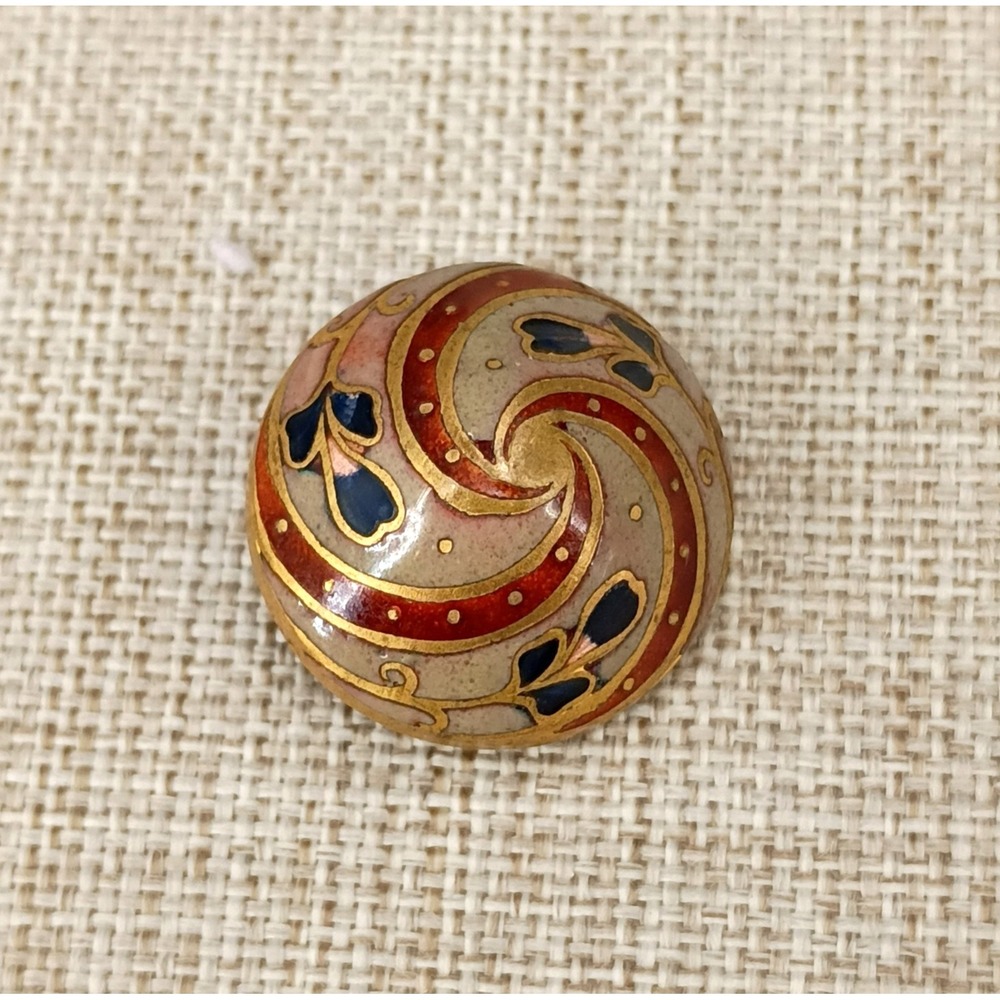 Antique 22mm Gilt Brass Enamel Button Domed Red Blue Gold Floral Art Nouveau